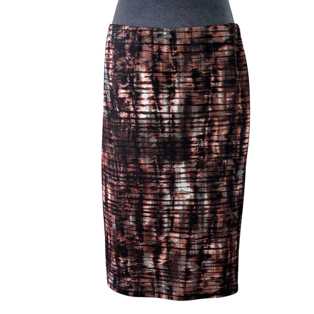 Mossimo Wms L Edgy Abstract Graphic Print Pencil Skirt Brown Black Stretch Midi